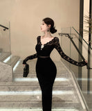 Lady's coco ロングドレス キャバドレス セクシー レースタイトドレス Vネック 上品 シルエット 二次会 披露宴 パーティー 女子会 LW2-OYF8726