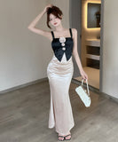 【2色】Lady's coco ロングドレス キャバドレス セクシー 韓国風 サテン 配色 フラワー装飾 スリット入り ボディコン JC2-MLS81282009