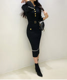 【2色】Lady's coco ロングドレス キャバドレス セクシー クルーネック 長袖 バイカラー ニットワンピース ポケット付き ウエストリボン LW2-DD6031