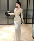 Lady's coco ロングドレス キャバドレス セクシー レース切り替え リボン付き フェイクツーピース タイトマーメイドワンピース ウエストシェイプ パーティー 二次会 披露宴 デート LW2-OYF5693