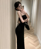 ロングドレスベアトップリボンセクシーエレガントバックレスドレスパーティーホルターネック WQ2-XKD-D408A-5049-Mar16