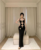 ロングドレスフラワー透かし彫りホルターネック宴会パーティーナイトクラブキャバドレス肌見せ WQ2-ZED888610DXH238A