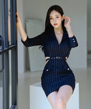 ミニドレス セクシー 韓国風 オフィスワンピ スリムフィット ウエスト見せ ストライプ タイト 出勤 お出かけ JC2-DD5678-1
