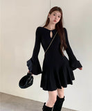 【2色】 ミニドレス キャバドレス セクシー ヘプバーン ニットワンピース トランペットスリーブ フレアスカート Aライン お出かけ デートLW2-OYF64044