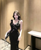 2色ロングドレスフリル谷間見せVネックレース肌見せ高級感ナイトクラブセクシーキャバクラ WQ2-XKD-D355-6839-Apr16