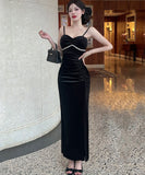 Lady's coco ロングドレス キャバドレス  セクシー ベロア キャミワンピース スリット入り 上品セクシー ハイウエスト ドレス  結婚式 二次会 披露宴 パーティー 上品 LW2-DD5946