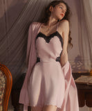 【4色】ルームウェア ランジェリー セクシー サテン レース バックオープン キャミソール ガウン セットアップ JC8-GR5603