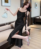 【3色】膝丈ドレス セクシー フレンチ風 ドレープネック スリット サテンキャミワンピ エレガント 花柄プリーツ バックレス パーティー 二次会 JC2-CD2-655-65480580