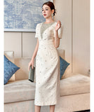 膝丈ドレス キャバドレス ハンドメイド  ビジュードレス タイトシルエット 上品 エレガント デート お出かけ パーティー 結婚式 JC2-JY51383