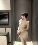 ミニドレスキャバドレスカワセクシータイトドレスフリルエレガントパーティー宴会キャミワンピナイトクラブ WQ2-ZED88939DXH342