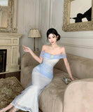 ロングドレスチュールオフショルダーセクシーエレガントフラワーパーティー演奏会宴会セクシーレース WQ2-ZED888626DXH238A