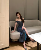 ロングドレスナイトドレスオフショルダーキラキラスリートセクシーセレブ風パーティー宴会演奏会誕生日イベント WQ2-ZED881245DXH348B