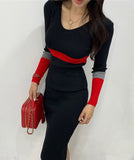 【3色】膝丈ドレス セクシー 韓国風 Vネック タイト ミディワンピ コンビカラー 出勤 デート お出かけ JC2-MLS57526258