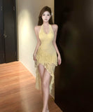 ミニドレスキャバドレスホルターネックセクシー非対称フリルバックレスドレスナイトクラブパーティー WQ2-CD7-447-66940600