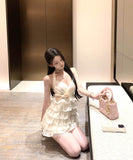 ティアードスカートミニドレスホルターネックカワセクシーパーティー誕生日パーティーリボン手作りドレスセクシー谷間見せ WQ2-XKD-D318A-6304-Apr9