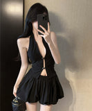 【2点セット】ミニドレス キャバドレス セクシー ホルターネック クロップドトップス 花びらスカート セットアップ  体型カバー LW2-SB6556