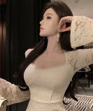 ロングドレス キャバドレス 大人フェミニン スクエアネック ロングスリーブ レースあしらい シェイプドウエスト 上品 二次会 パーティー JC2-XKDD337B-2117-Sep1