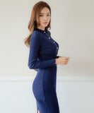 Lady's coco 膝丈ドレス キャバドレス セクシー 韓国スタイル ニットタイトワンピ 半ハイネック スリムフィット ウエストマーク ミディ丈 LW2-DD6029