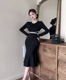 膝丈ドレス キャバドレス セクシー フェミニン ニットワンピース ラウンドネック ウエストマーク マーメイドライン 大人可愛い  デート LW2-ZED885053GT510D