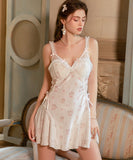 Lady's coco ルームウェア ランジェリー セクシー レース×ベロア パッド入り キャミワンピース プリーツ フラワープリント 大人可愛い LW8-GR6684