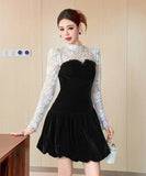 【秋冬新作】 ミニドレス キャバドレス セクシー フレンチフェミニンドットチュール切り替え ベロア素材 ウエストマーク 上品 着痩せ ドレス風 レディース フレンチフェ ドットチュール切り替え  ウエストマーク 上品 着痩せレディース デート LW2-JY21889