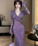 【3色】ロングドレス キャバドレス セクシー Vネック レース切り替え タイトワンピース ベルト付き 上品 シルエット LW2-DD6011