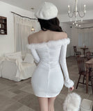 【3色】ミニドレス キャバドレス セクシー クリスマス フェザー オフショルダー ウエストマーク タイトシルエット 長袖 デート JC2-DD6108