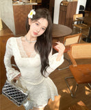 ミニドレスセクシー袖付きレースエレガントAライン谷間見せパーティー宴会気質韓国っぽ着痩せ WQ2-XKD-D452-1029-Mar2