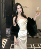 ロングドレス キャバドレス セクシー 上品 フレンチ サテン キャミワンピ ラメ マーメイドライン パーティー JC2-XHY919892