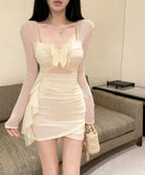 【2色】 ミニドレス キャバドレス セクシー  ナイトドレス ミニ丈 タイトワンピース オフショル Vネック リボンポイント ボディライン LW2-DD5839