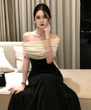 Lady's coco ロングドレス キャバドレス セクシー フレンチ風 ブラック×ホワイト バイカラー ワンショルダー ワンピース 上品ドレス デート 女子会 二次会 披露宴 パーティー LW2-XHY919306