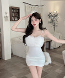 【2色】 ミニドレス キャバドレス セクシー キャミワンピース フェザー切り替え シースルー タイトミニドレス LW2-DD6012