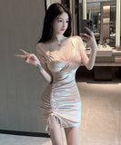 【3色】ミニドレス キャバドレス セクシー 韓国風 ローネック ストリング ボディコン 醋酸素材 クラブ 指名 JC2-MLS7367