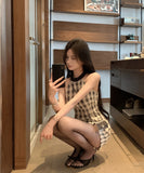 【上下セット】ミニドレス ツイードセット手作り チェック柄 ホルターネックバックレスカワセクシー セレブ風 通勤 エレガント WQ2-XKD-D529-6672-Feb20