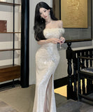 Lady's coco ロングドレス キャバドレス セクシー フレンチ オフショルダー スパンコール タイトシルエット 高見え ふわふわフェザー付き パーティー JC2-YKE450A8676