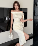 【2色】膝丈ドレスオフショルダーエレガント非対称セクシーおしゃれ同伴気質リボン WQ2-ZED889854GT347