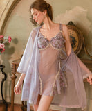 ルームウェア ランジェリー セクシー バタフライ刺繍 リボン メッシュ素材 プラスサイズ ガウン付きセット JC8-GR6311