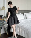 手作りドレスミニドレスキラキラ高級感Aラインパフスリーブ誕生日ドレスセレブ風着痩せ気質 WQ2-JY21695