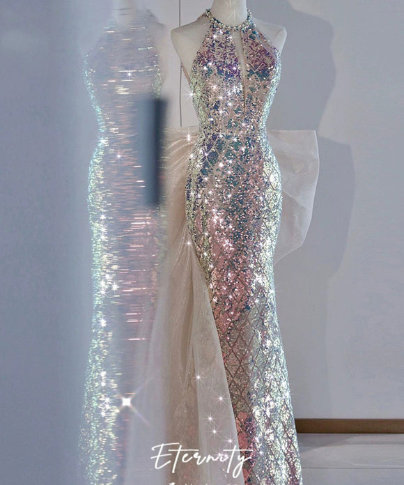 ロングドレス キャバドレス パーティードレス  ロングドレス  ハルターネック  キラキラ  スパンコール  マーメイドライン  ゴージャス 誕生日 結婚式 披露宴 LW2-MJR414