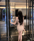 Lady's coco ミニドレス キャバドレス セクシー レース カットアウト タイトミニワンピース 長袖 ウエストマーク ボディコン デート LW2-DD5916