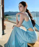 Lady's coco ロングドレス キャバドレス セクシー 肌見せデザイン カットアウト ウエスト ハイスリット ドレープ ライトブルー パーティー バースデー イベント JC2-XHY918251