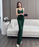 【4色】ロングドレス キャバドレス セクシー 韓国風 Vネック 細見え ベルベット キャミソール パーティー JC2-MLS7787611