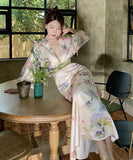 ロングドレスVネック小顔花柄エレガントフランス風着痩せ通勤おしゃれ WQ2-ZED6780