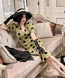 ロングドレスパフスリーブ水玉柄エレガントセクシー通勤韓国っぽハイウエスト着痩せVネック WQ2-ZED883562A71