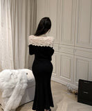 ロングドレス キャバドレス マーメイドドレス ニット 大人可愛い 上品 女性らしい モノクローム 拼接レース パーティー 二次会 JC2-XKDD337B-2016-Aug25