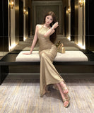 ロングドレス エレガント ノースリーブ ホルターネック 美シルエット マーメイドタイト 結婚式のお呼ばれ パーティー JC2-CD7-502-34000620