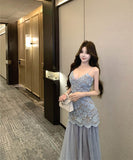 ロングドレスレースキャミワンピ谷間見せセクシー取り外し可能なチュールスカートおしゃれ宴会パーティーフラワー高級感気質 WQ2-XKD-D452-1063-Apr9