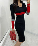 【3色】膝丈ドレス セクシー 韓国風 Vネック タイト ミディワンピ コンビカラー 出勤 デート お出かけ JC2-MLS57526258