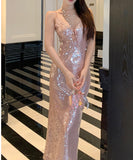 Lady's coco ロングドレス キャバドレス セクシー シャンパンカラー スパンコール キャミドレス 上品 パーティー 誕生日コーデ LW2-XHY5300