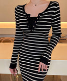Lady's coco ロングドレス キャバドレス セクシー 秋冬新作 ニットワンピース クルーネック 長袖 ストライプ柄 タイトシルエット ミディ丈 LW2-DD6032